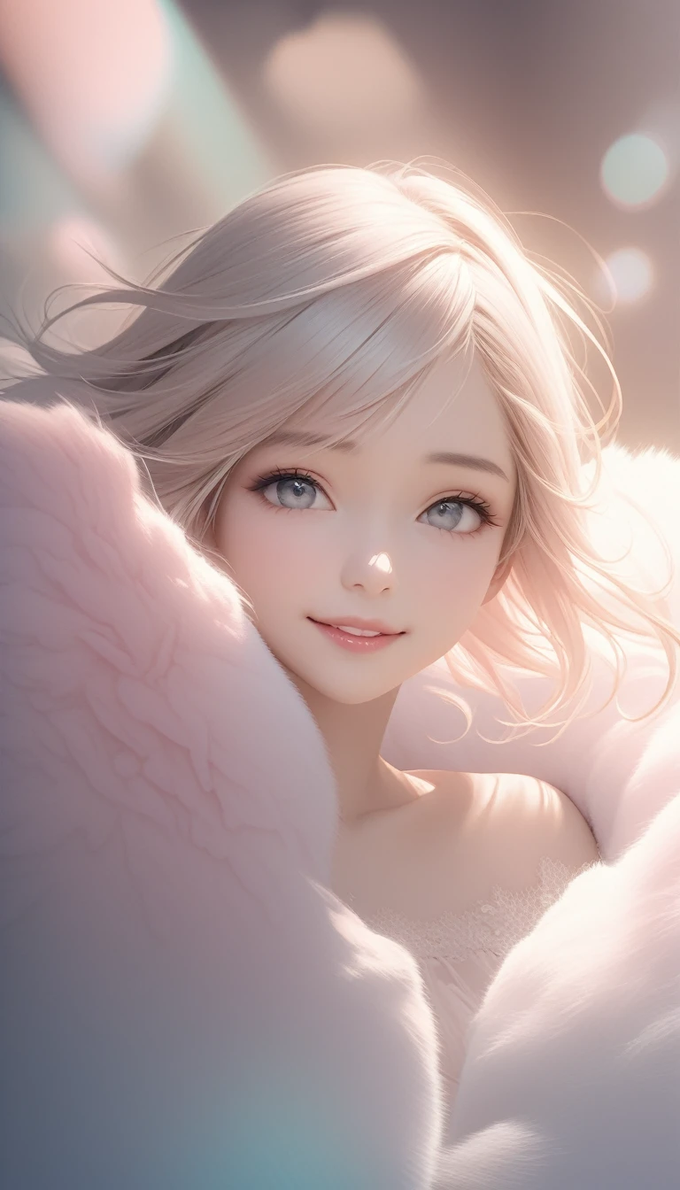 nice beautiful woman, smile, shy, light makeup, large proportion, background soft color scheme, soft and fluffy soothing effects, shading effects, magic gradation effects, (ultra detailed, Absolute resolution, Best Quality:1.3), 2.5D, delicate and dynamic, artistic photography, Hyper realistic, CG graphic digital art