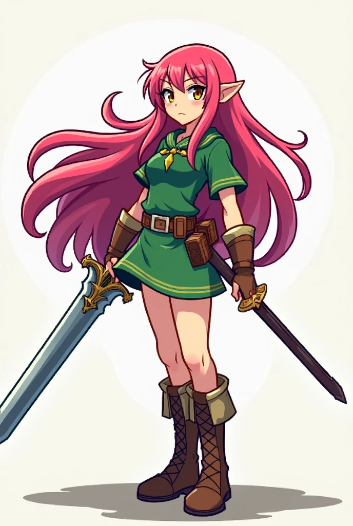 Stylized, anime-type pixel art featuring a woman in a full body heroic pose. The character has pink hair, ELF ears, and is wearing a green tunic.  holding a sword. The illustration has a bold, outlined style with vibrant colors and a sense of action and adventure.