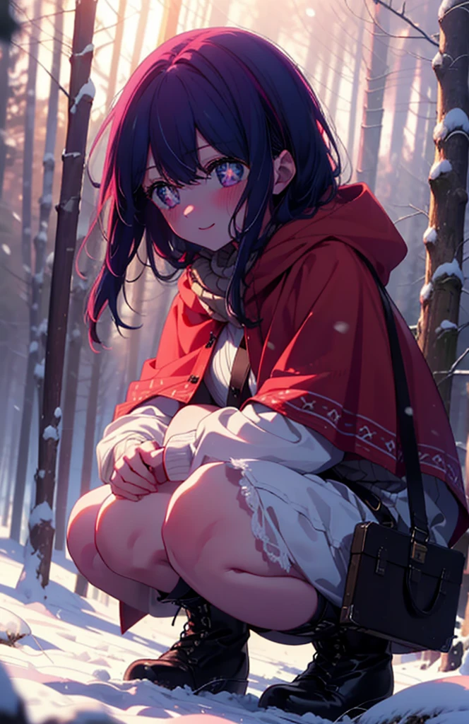 aihoshino, Ai Hoshino, Long Hair, bangs, (Purple eyes:1.1), Purple Hair, (Symbol-shaped pupil:1.5), smile,,smile,blush,white breath,
Open your mouth,snow,Ground bonfire, Outdoor, boots, snowing, From the side, wood, suitcase, Cape, Blurred, , forest, White handbag, nature,  Squat, Mouth closed, Cape, winter, Written boundary depth, Black shoes, red Cape break looking at viewer, Upper Body, whole body, break Outdoor, forest, nature, break (masterpiece:1.2), Highest quality, High resolution, unity 8k wallpaper, (shape:0.8), (Beautiful and beautiful eyes:1.6), Highly detailed face, Perfect lighting, Extremely detailed CG, (Perfect hands, Perfect Anatomy),