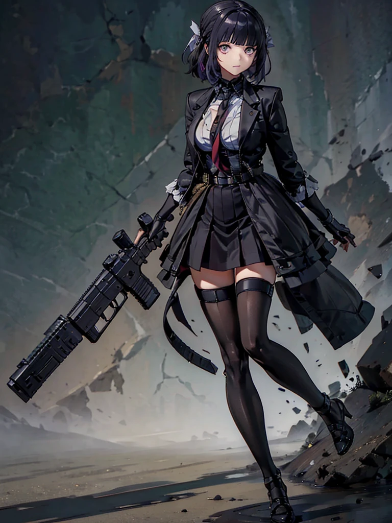 Holding a steampunk long barrel pistol, ((masterpiece_Portraiture)),(beautiful girl),(Pixiv),(Fantasy), In the spotlight, The background is a dark and desolate landscape, Horror movie atmosphere. Her figure is very beautiful, Emphasizing the dark and crazy elements. Skillfully expressing the effects of light and shadow, detailed, The face and expression of the black costume are also carefully drawn.....,(Tilt your head:1.2), ([sketch|watercolor \(Moderate\)]:1.15),Chaotic abstract background, Vector Trace, Gradient blending and whole body, Artistic elements add depth to the work. The overall atmosphere is creepy and nightmarish....., With a unique artistic touch. This movie is、The dark and crazy world of horror movies depicted in HD., Evoke visual stimuli and aesthetic sense