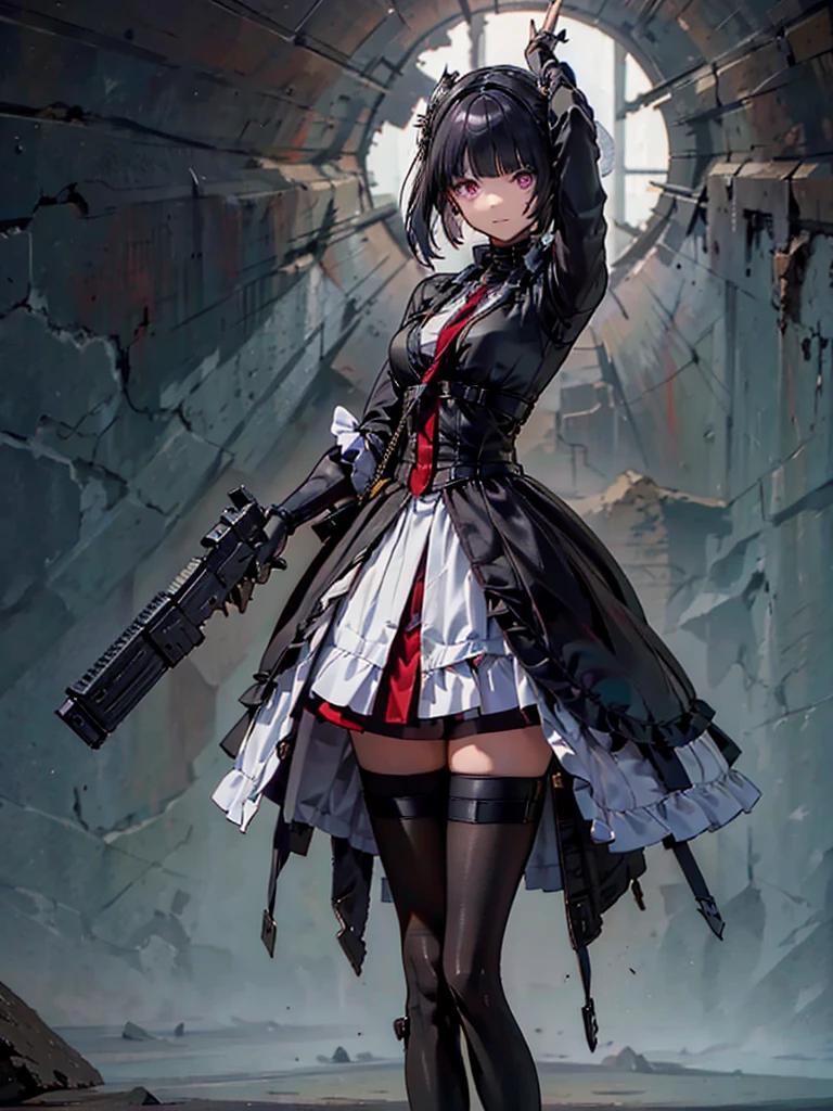 Holding a steampunk long barrel pistol, ((masterpiece_Portraiture)),(beautiful girl),(Pixiv),(Fantasy), In the spotlight, The background is a dark and desolate landscape, Horror movie atmosphere. Her figure is very beautiful, Emphasizing the dark and crazy elements. Skillfully expressing the effects of light and shadow, detailed, The face and expression of the black costume are also carefully drawn.....,(Tilt your head:1.2), ([sketch|watercolor \(Moderate\)]:1.15),Chaotic abstract background, Vector Trace, Gradient blending and whole body, Artistic elements add depth to the work. The overall atmosphere is creepy and nightmarish....., With a unique artistic touch. This movie is、The dark and crazy world of horror movies depicted in HD., Evoke visual stimuli and aesthetic sense