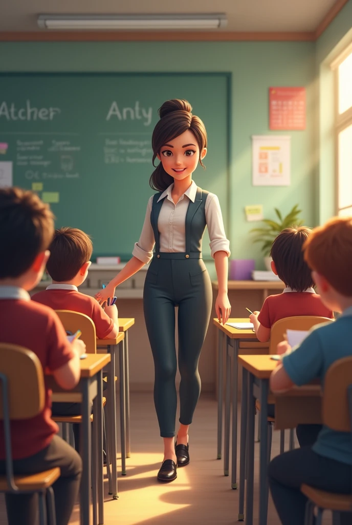 Teacher walking in classroom with beginning level students. The teacher is attending to the students&#39; work