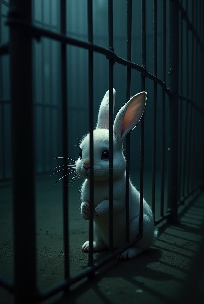Night darkness、In a cage at the zoo、A rabbit that seems to be deeply troubled and lost in thought.
