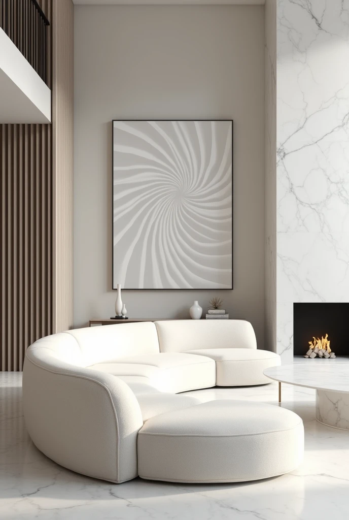 Professional 3d architecture rendering design of modern and minimal white velvet Modern and chic big curve shape sofa and white slab stone marble table and modern and elegant accessories and modern and spiral painting wall and modern flout white marble slab stone fireplace showing complete and white glassy woman’s squptur