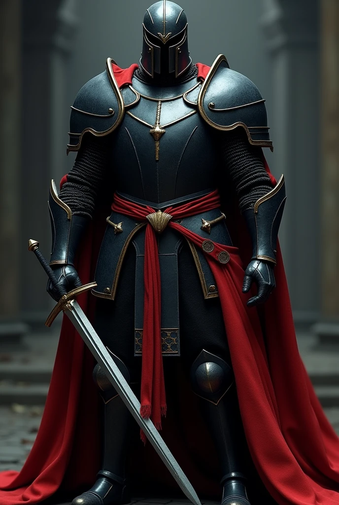 Knight in black armor with little gold decoration, two long swords and a red cape that covers one shoulder 