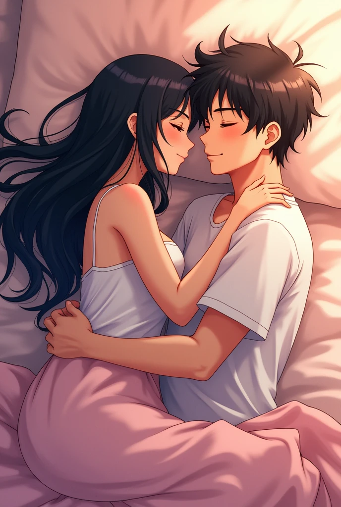Generates an image of an anime cartoon man and woman couple lying and hugging in bed, make her with black hair