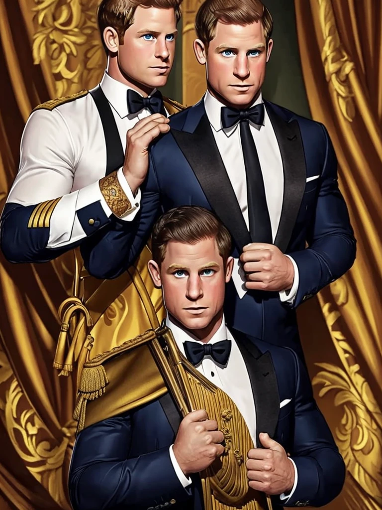 lustration in Leyendecker style : Muscular and pumped-up Prince Harry as James Bond , Agent 007, in an expensive suit