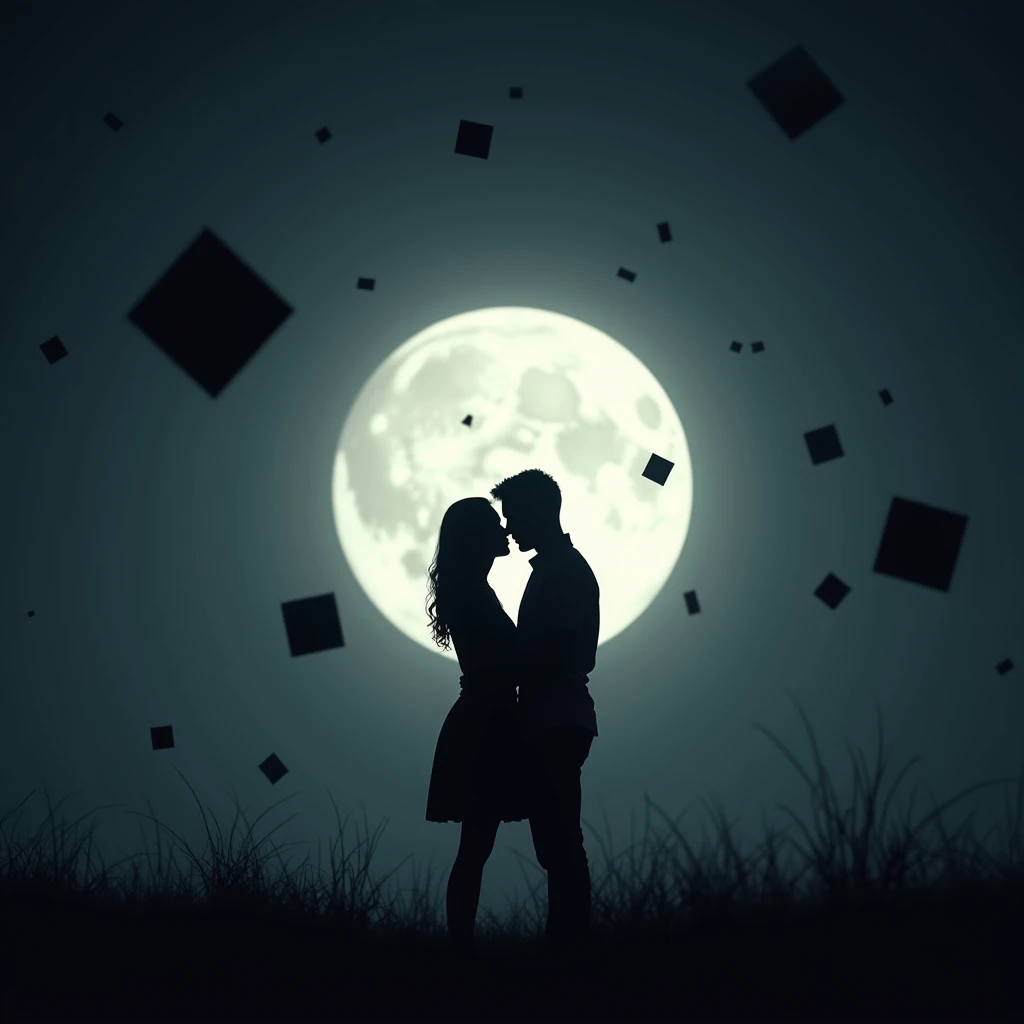(Moonlit Confession, Couple proposal:1.2), night, round moon, silhouette, backlit with (Silver moonlight:0.5), random geometry & shapes in the background, film, color negative, beautiful cinematic lighting, photography, beautiful cinematic lighting, RAW photo, color graded, surreal, (captivating chiaroscuro:0.1), dynamic movement, full body, (special effects:0.1), award-winning, cinematic still, emotional, dynamic, vivid, (masterpiece, best quality, photorealistic, Professional, perfect composition, very aesthetic, absurdres, ultra-detailed, intricate details:1.3)