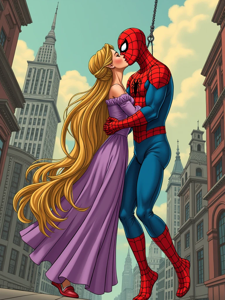 Make one in an old comic style where Spiderman and Rapunzel are kissing while Spiderman is swinging with his spider web upside down. Rapunzel has to stand holding his face, which will be uncovered, and Spiderman's face will be visible.