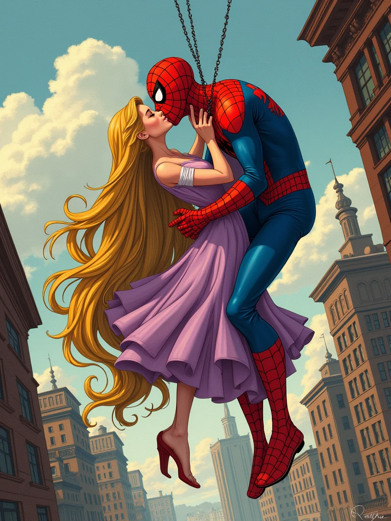 Make one in an old comic style where Spiderman and Rapunzel are kissing while Spiderman is swinging with his spider web upside down. Rapunzel has to stand holding his face, which will be uncovered, and Spiderman's face will be visible.