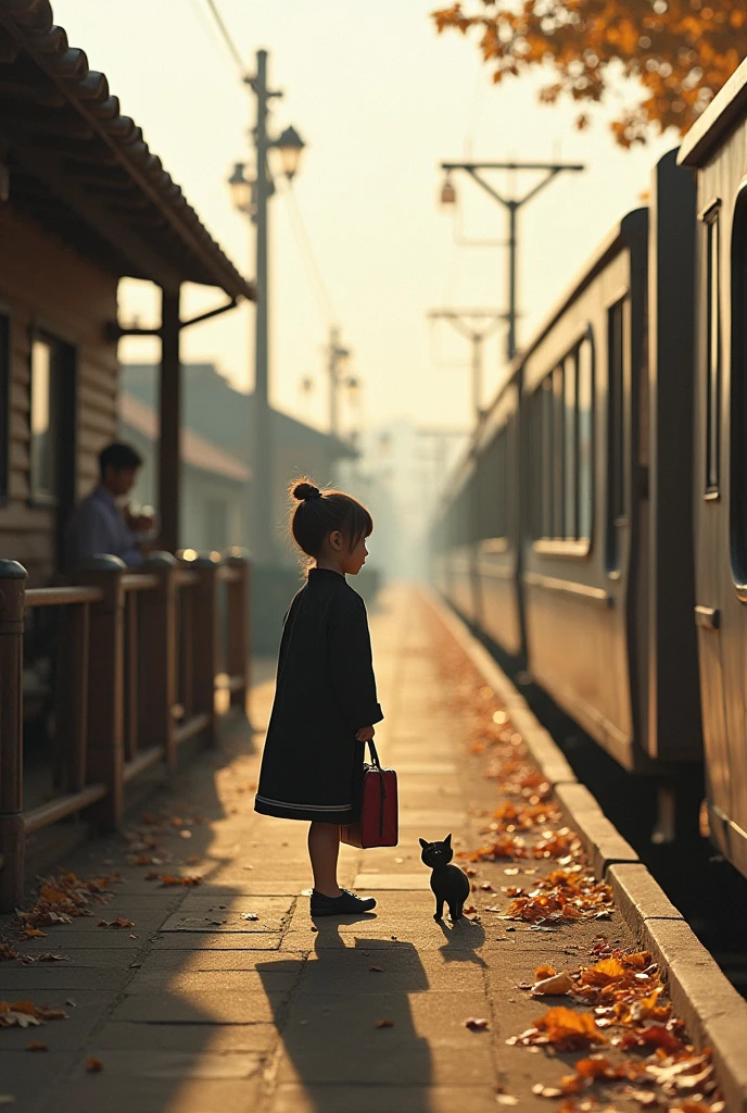 35mm lens，Multiple angles，Countryside scenery，Suburban，Back，side，silhouette，Overhead shot，Cat，Standing，doll，Carrying a small school bag，tram，Hokkaido，Autumn Station，Wooden house，Platform， cloak,Ruan Jia,Suit,tie, (Delicate face), (Fine fluffy fur)，（35mm Cinema Lens），（Multi-angle shooting），（many viewing angles）