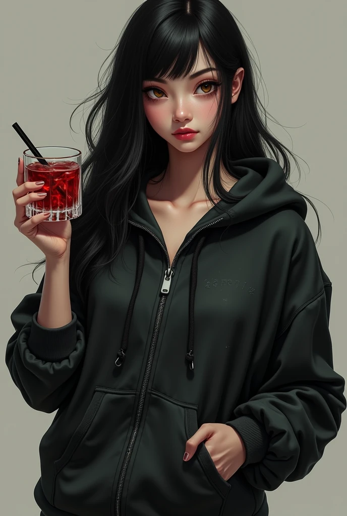 Long Black Hair、the body is thick、girl、Wearing a faded black hoodie、Have a highball、Eyes are slanted、The face is big、Thick eyebrows、Duck mouth