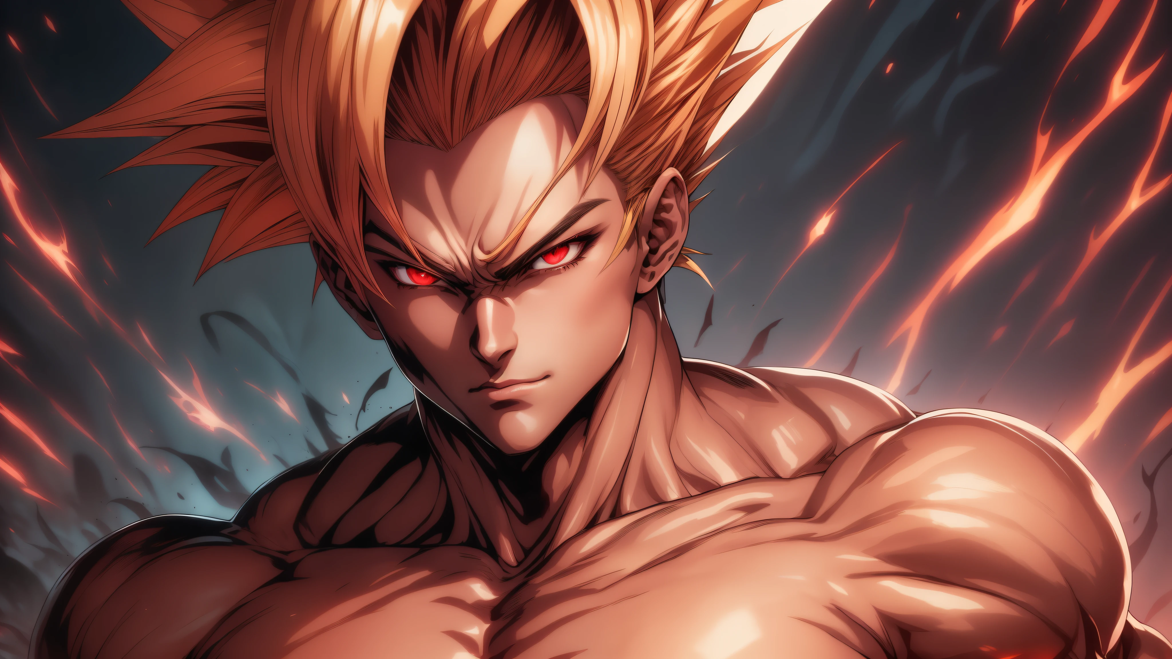 A strikingly handsome man with piercing red eyes stands tall against a dark, neutral background. His short, red and blond hair is styled to perfection, framing his chiseled jawline. With a confident and decisive stance, he exudes a golden aura, making him truly majestic.