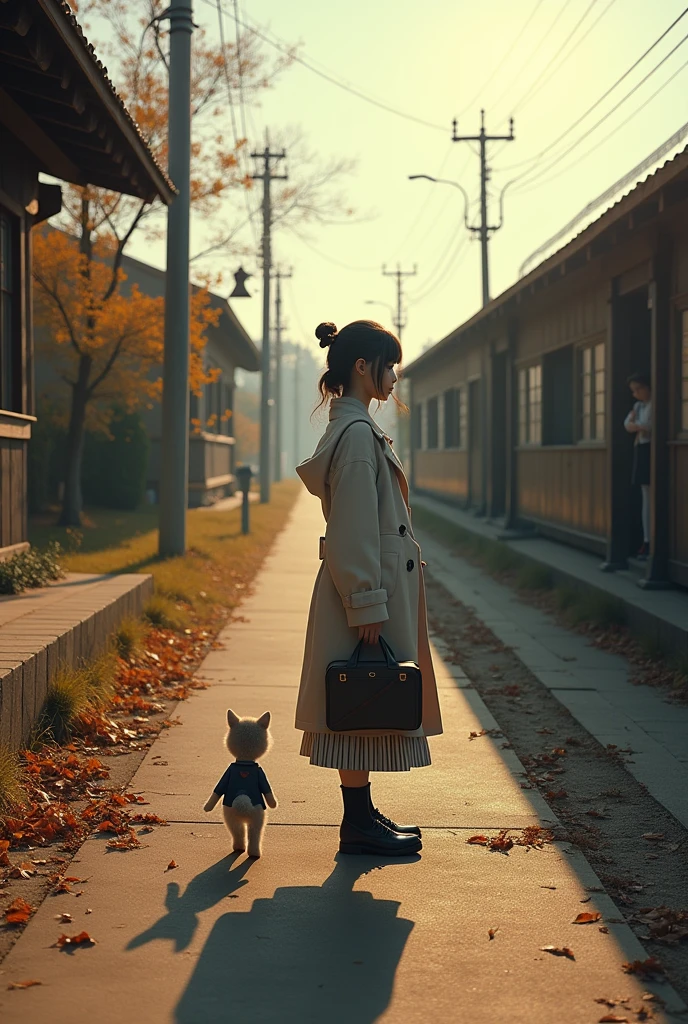 35mm lens,Multiple angles,Countryside scenery,Suburban,Back,side,silhouette,Overhead shot,Cat,Standing,doll,Carrying a small school bag,tram,Hokkaido,Autumn Station,Wooden house,Platform, cloak,Ruan Jia,Suit,tie, (Delicate face), (Fine fluffy fur),(35mm Cinema Lens),(Multi-angle shooting),(many viewing angles)