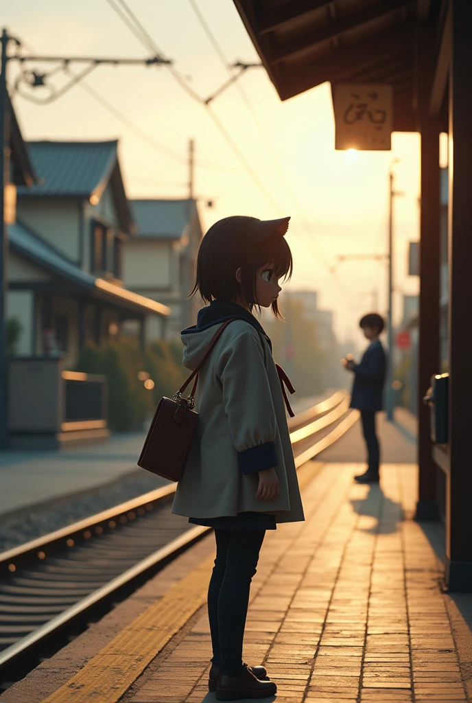 35mm lens,Multiple angles,Countryside scenery,Suburban,Back,side,silhouette,Overhead shot,Cat,Standing,doll,Carrying a small school bag,tram,Hokkaido,Autumn Station,Wooden house,Platform, cloak,Ruan Jia,Suit,tie, (Delicate face), (Fine fluffy fur),(35mm Cinema Lens),(Multi-angle shooting),(many viewing angles)