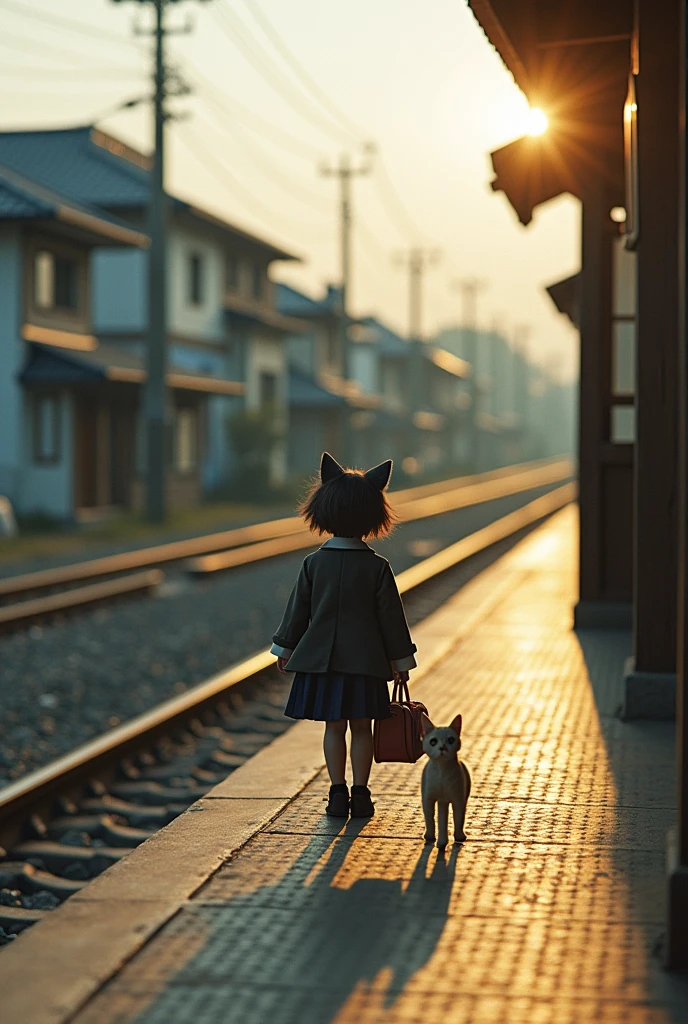 35mm lens,Multiple angles,Countryside scenery,Suburban,Back,side,silhouette,Overhead shot,Cat,Standing,doll,Carrying a small school bag,tram,Hokkaido,Autumn Station,Wooden house,Platform, cloak,Ruan Jia,Suit,tie, (Delicate face), (Fine fluffy fur),(35mm Cinema Lens),(Multi-angle shooting),(many viewing angles)