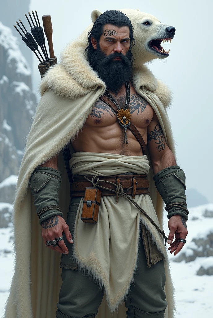 A character from Dungeons and Dragons who is a human ranger, is around 30 years old, fit but slender, dark haired, dense beard and very white skin, between 1,80 and 1,91 meters high, has many tribal tattoos on his face and forehead, dresses in a large polar bear skin, an important detail: the bear's skin still has the animal's head covering the human's head, You can still see the teeth in the bear's mouth. Complete with light clothing to disguise yourself in the snow-white landscape, carries a bow and arrows on his back, has a dagger strapped to his waist. It has a necklace with a pendant in the shape of a bear carved in wood around its neck., rings on his fingers and has a hard, distant look