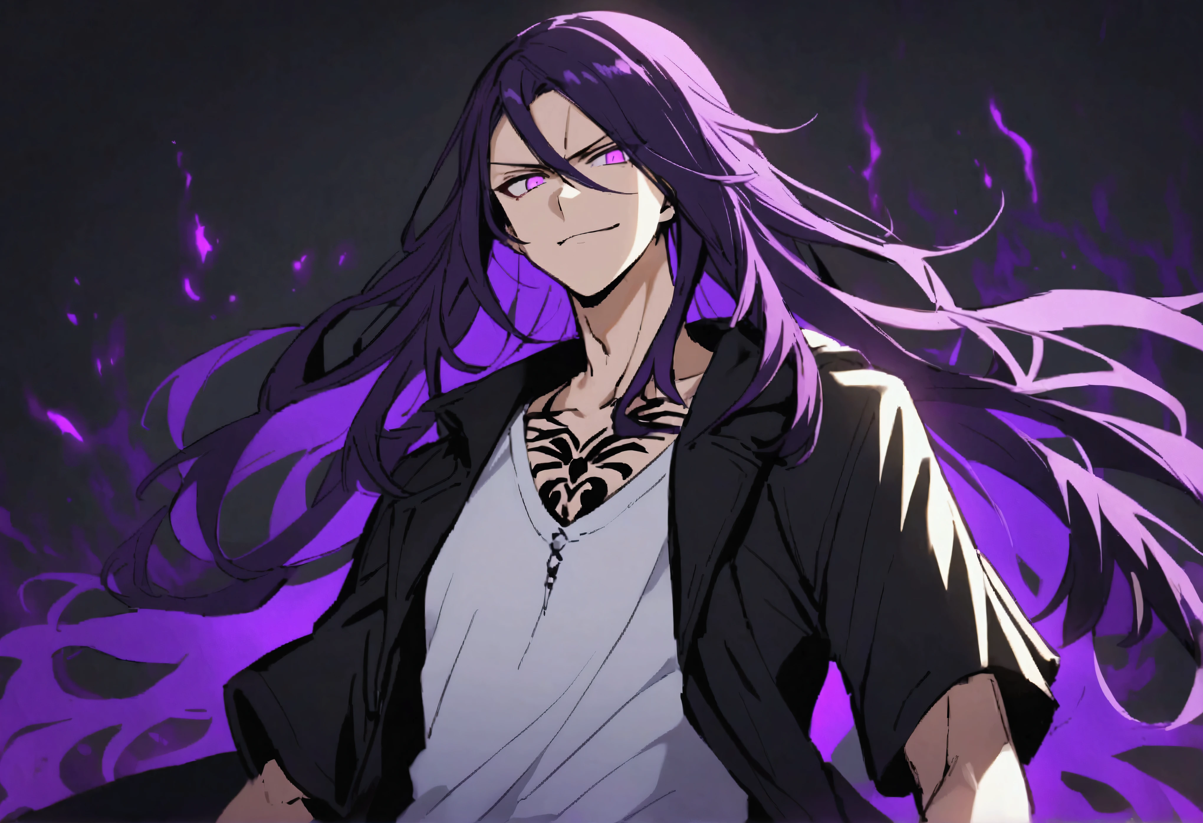 teenage boy, tidy hair, long hair, multicolored black and purple hair, bright purple eyes, serious face, simple smile, ripped casual white shirt, loose black short sleeve overcoat, black tattoos on the body, dark aura