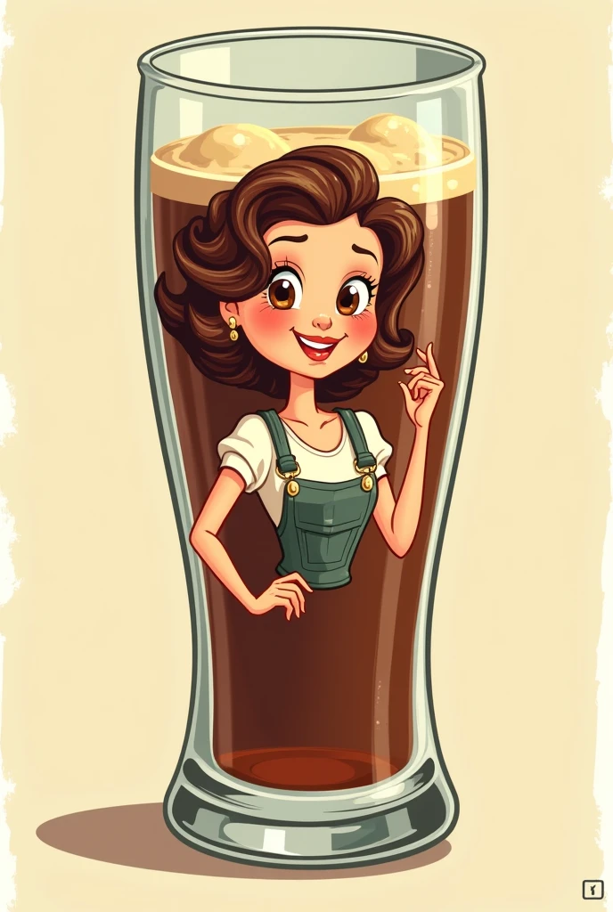 A vintage cartoon style root beer girl in a glass