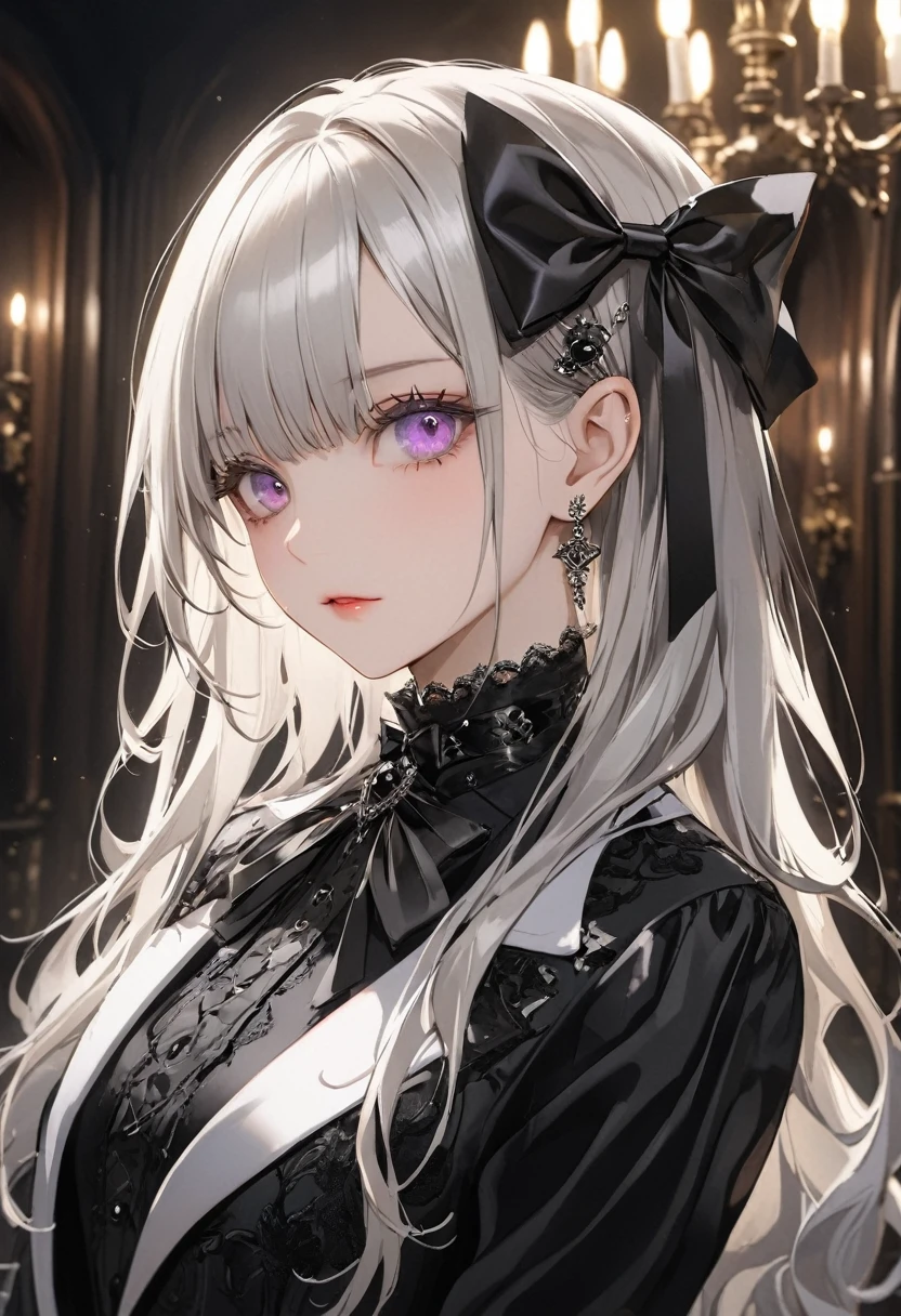 (premium),(masseter piece),delicately drawn face,Girl with a pretty face,beautiful detailed eyes,Gothic tab fashion,((black and white suit)),(Beautiful silky silver hair.:1.2),Hair ornament with black ribbon,movie lighting,in the gothic room
