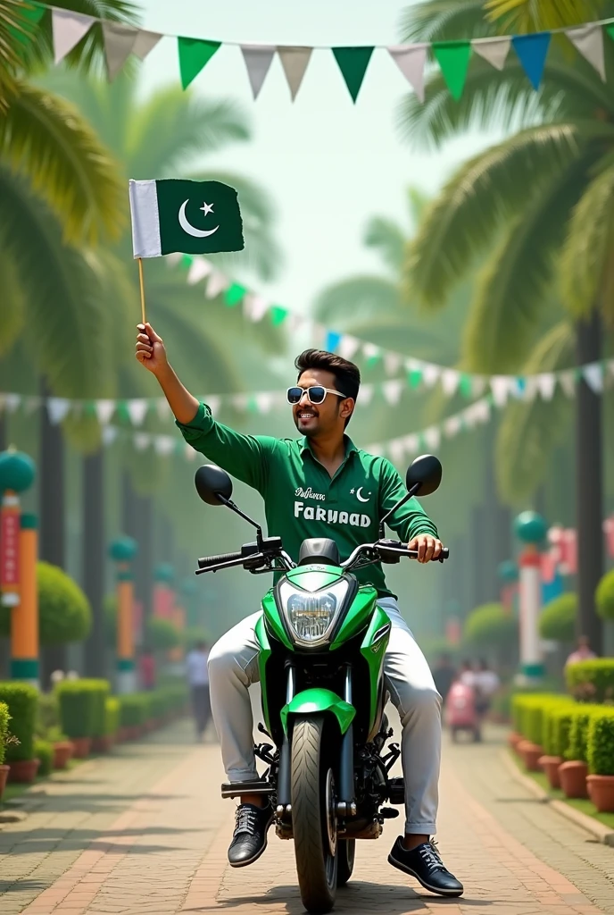 Create a real-life image: a park in Pakistan on 14 August, decorated for Independence Day. A young man sits on a green and white 125 Honda bike, holding a 14 August Pakistan flag in one hand. He's dressed in a green shirt with "Fahad" in white, white pants, and white sunglasses, celebrating with pride.