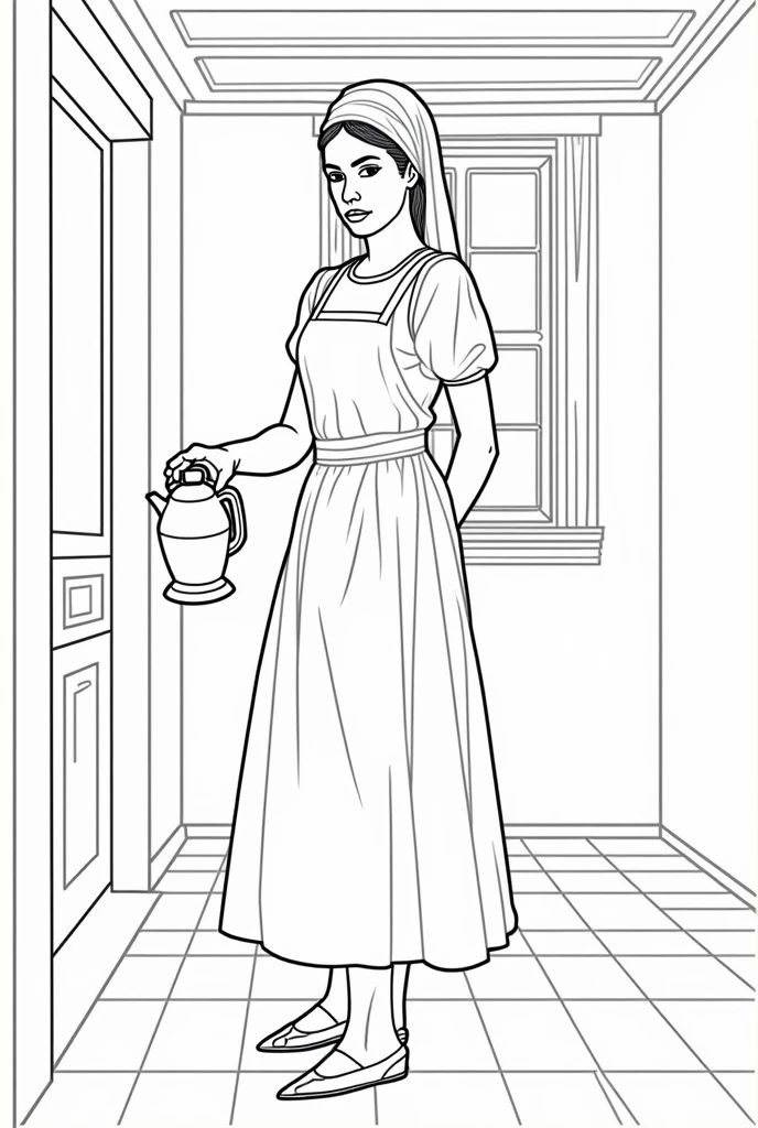 create a black and white pictures of the
Milk Maid by Vermeer original painting creted by tini geometric for coloring book,
