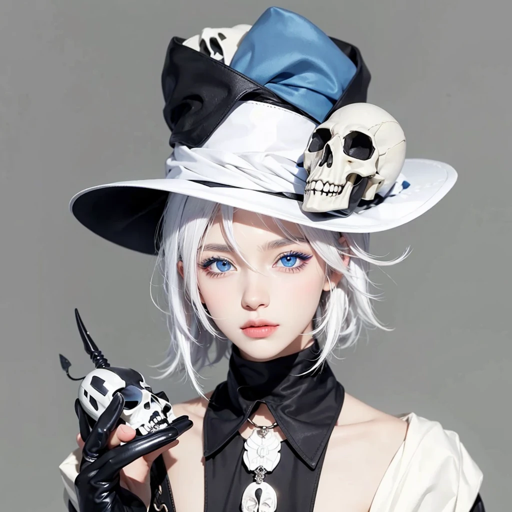 masterpiece: 1.2, best quality), makeup, hat, skull, boy, white hair, blue eyes, 