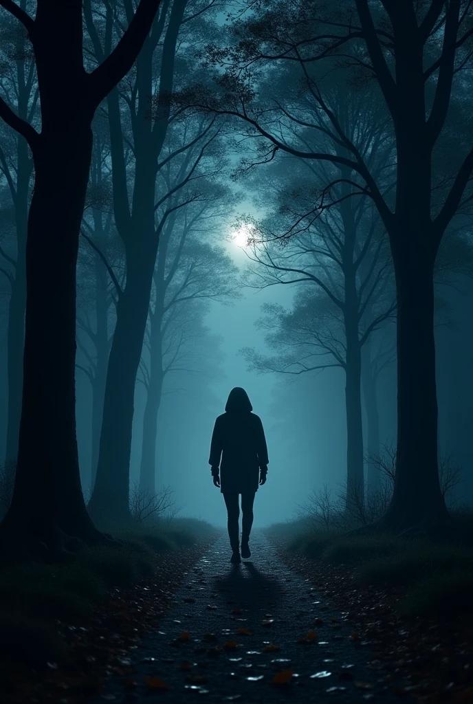A person taking a walk at night in the forest feeling the rustling of leaves under their feet. A penetrating atmosphere