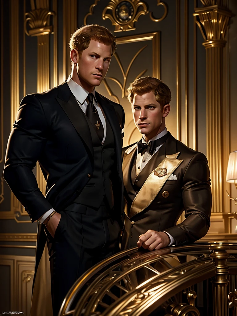 lustration in Leyendecker style : Muscular and pumped-up Prince Harry as James Bond , Agent 007, in an expensive suit