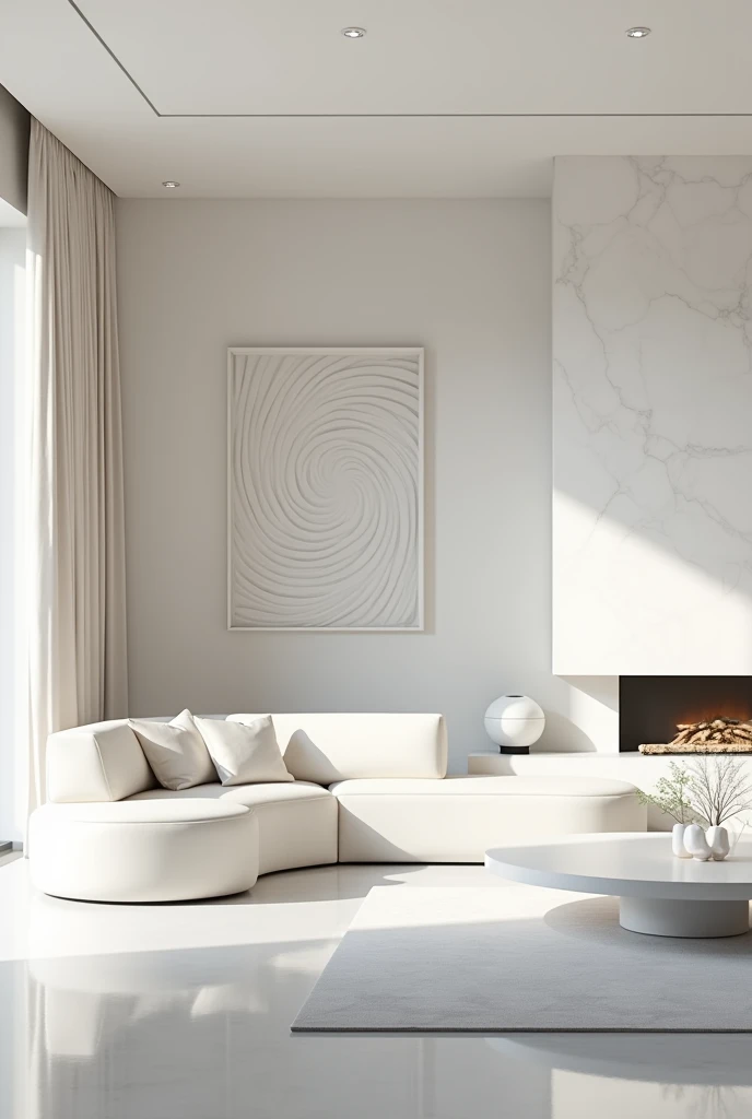 Professional 3d architecture rendering design of modern and minimal white velvet Modern and chic big curve shape sofa and white slab stone marble table and modern and elegant accessories and modern and spiral painting wall and modern flout white marble slab stone fireplace showing complete and white glassy woman’s squptur