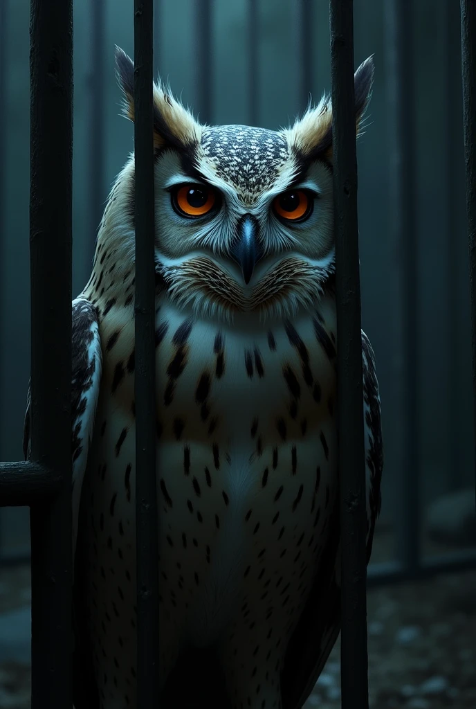 Night darkness、In a cage at the zoo、A thoughtful, deeply worried owl