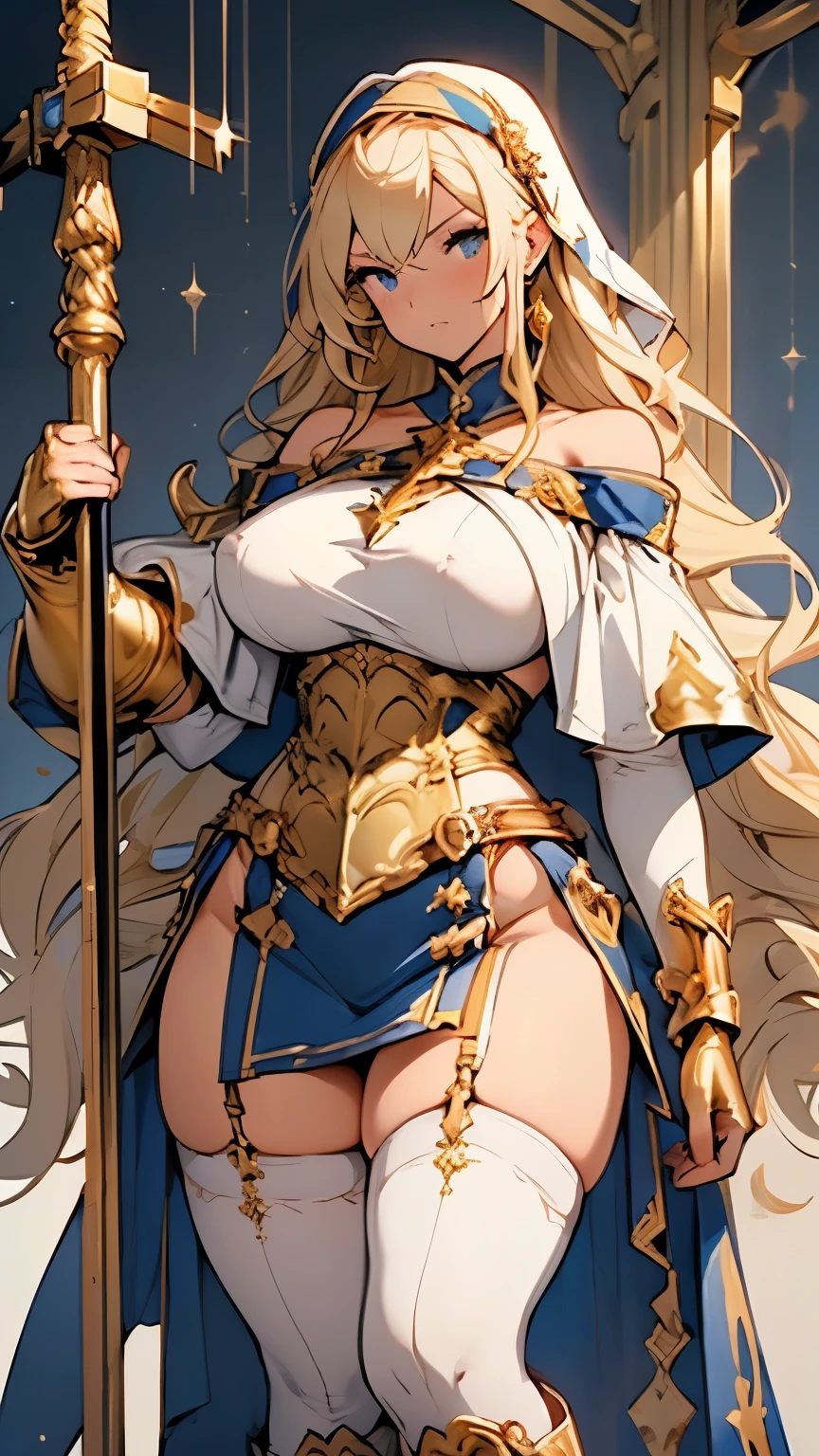 Blonde、Nuns、(Great gold gauntlet、Gold boots)、(Off-the-shoulder bodycon dress、Blue tight mini skirt、White knee-high socks、Gold Garter Belt、Gold string panties )、(Huge breasts、Sideboob、Wide Hips、Thick thighs、Plump、curve、glamorous)、NSFW、Holding a giant gold cross mace