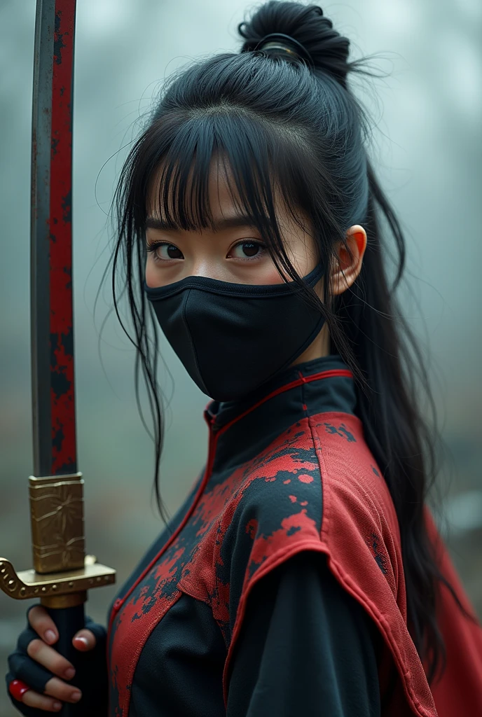 superhero, modern super hero costume, ninja, ninja costume, ninja mask on the face, With a Chinese sword, Jin sword,with a Chinese sword, Beautiful Chinese woman, 20 years old, Chinese woman with bangs, courageous character, Kind, Brave, determination, on the battlefield, atmospheric perspective, Motion blur, 8k, super detailing, Best quality, uhd, high detail