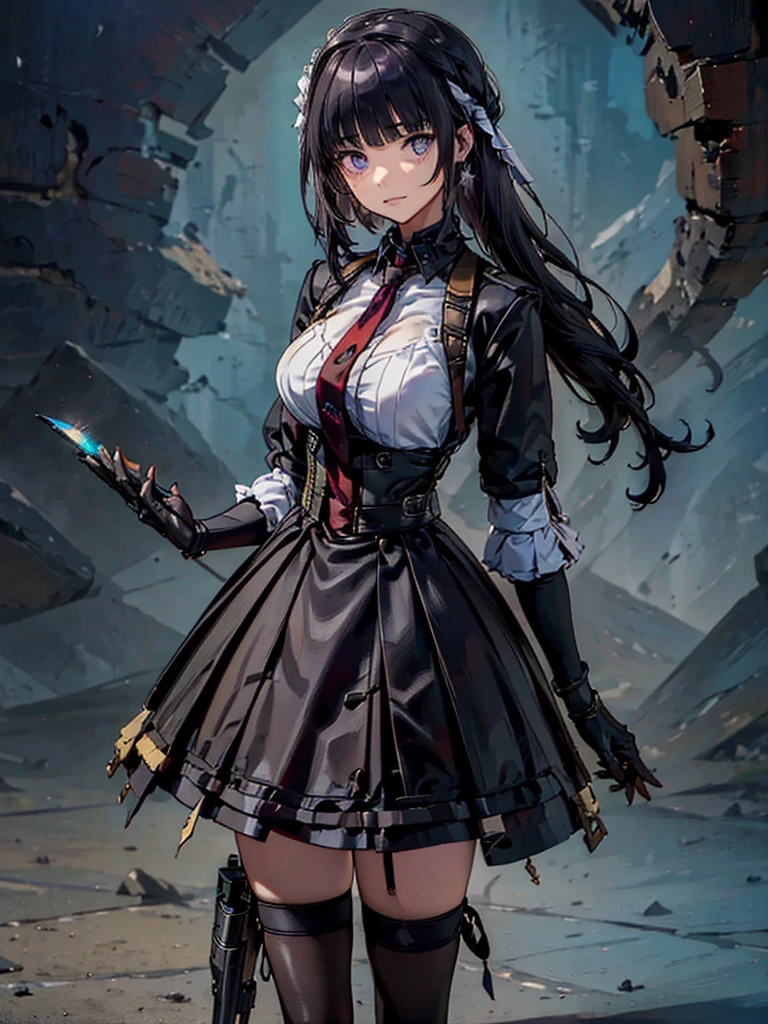 Holding a steampunk long barrel pistol, ((masterpiece_Portraiture)),(beautiful girl),(Pixiv),(Fantasy), In the spotlight, The background is a dark and desolate landscape, Horror movie atmosphere. Her figure is very beautiful, Emphasizing the dark and crazy elements. Skillfully expressing the effects of light and shadow, detailed, The face and expression of the black costume are also carefully drawn.....,(Tilt your head:1.2), ([sketch|watercolor \(Moderate\)]:1.15),Chaotic abstract background, Vector Trace, Gradient blending and whole body, Artistic elements add depth to the work. The overall atmosphere is creepy and nightmarish....., With a unique artistic touch. This movie is、The dark and crazy world of horror movies depicted in HD., Evoke visual stimuli and aesthetic sense