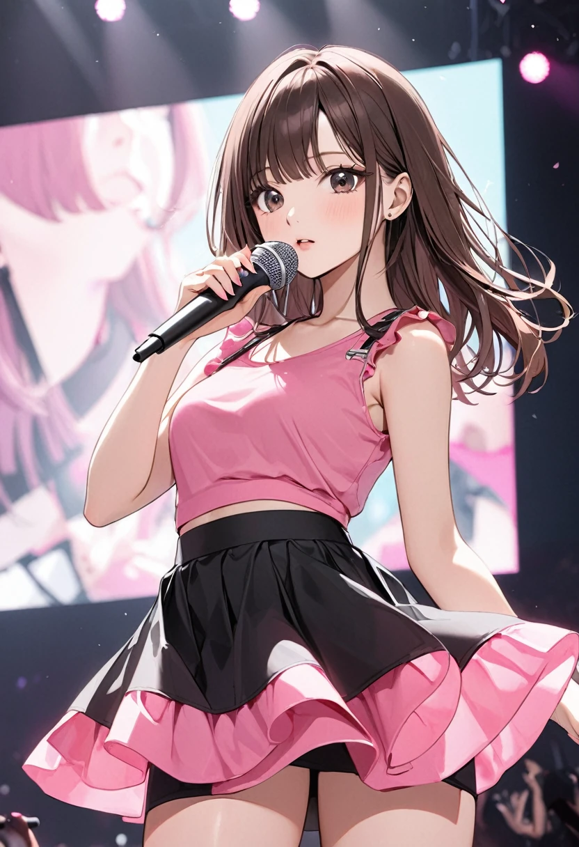 Girl with dark brown hair wearing pink top and black skirt in the concert of BLACKPINK