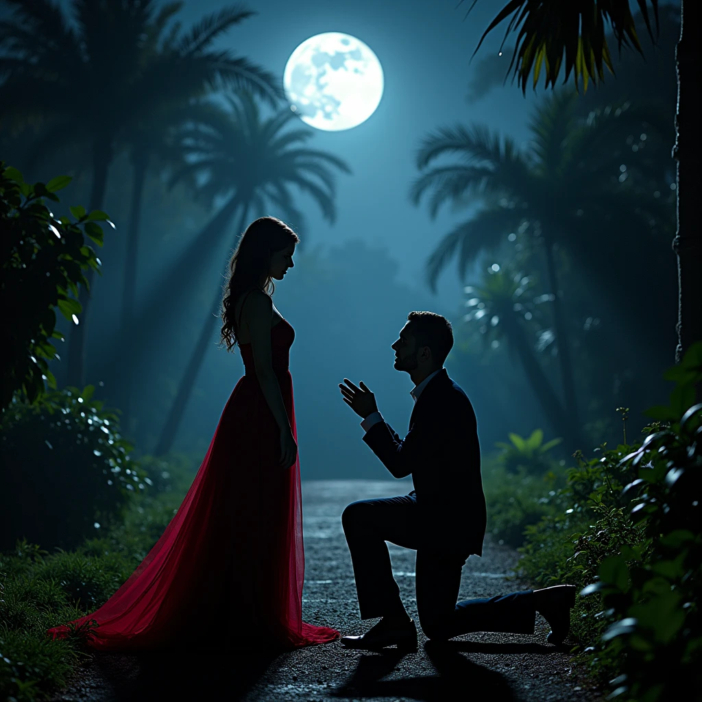 (Moonlit Confession, Couple proposal:1.2), moon night, memphis art style, interior design of mysterious garden, film, color negative, beautiful cinematic lighting, photography, beautiful cinematic lighting, RAW photo, color graded, surreal, (captivating chiaroscuro:0.1), dynamic movement, full body, (special effects:0.1), award-winning, cinematic still, emotional, dynamic, vivid, (masterpiece, best quality, photorealistic, Professional, perfect composition, very aesthetic, absurdres, ultra-detailed, intricate details:1.3)