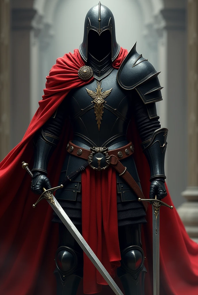 Knight in black armor with little gold decoration, two long swords and a red cape that covers one shoulder 