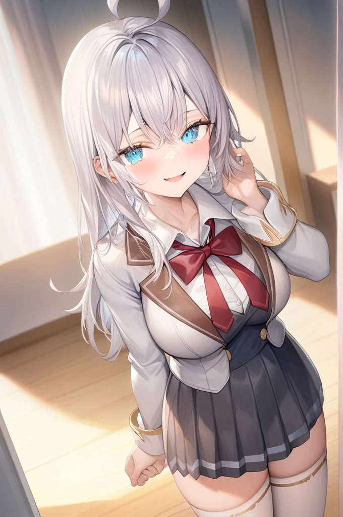 ((masterpiece)),((Highest quality)),High resolution,Highly detailed CG,Perfect lighting,8k wallpaper, One Girl,,Silver Hair,Very long hair,Bright Blue Eyes,Looking into the camera, Alisa Mikhailovna Kujo 、Large Breasts、smile、Blazer Uniform、Grey jacket