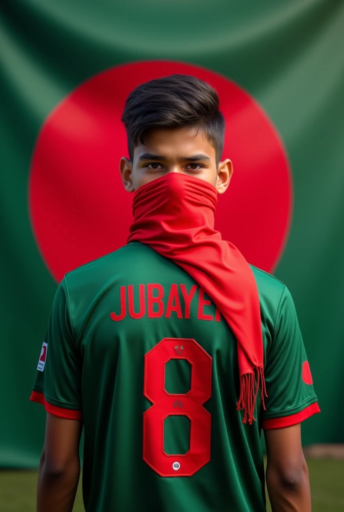 A 20 -year -old boy in font of the Bangladesh flag on the back.wearing the jersey of bangladesh.the jersey has 'Jubayer' written in English the face cover with red clothe.and jursey number 8