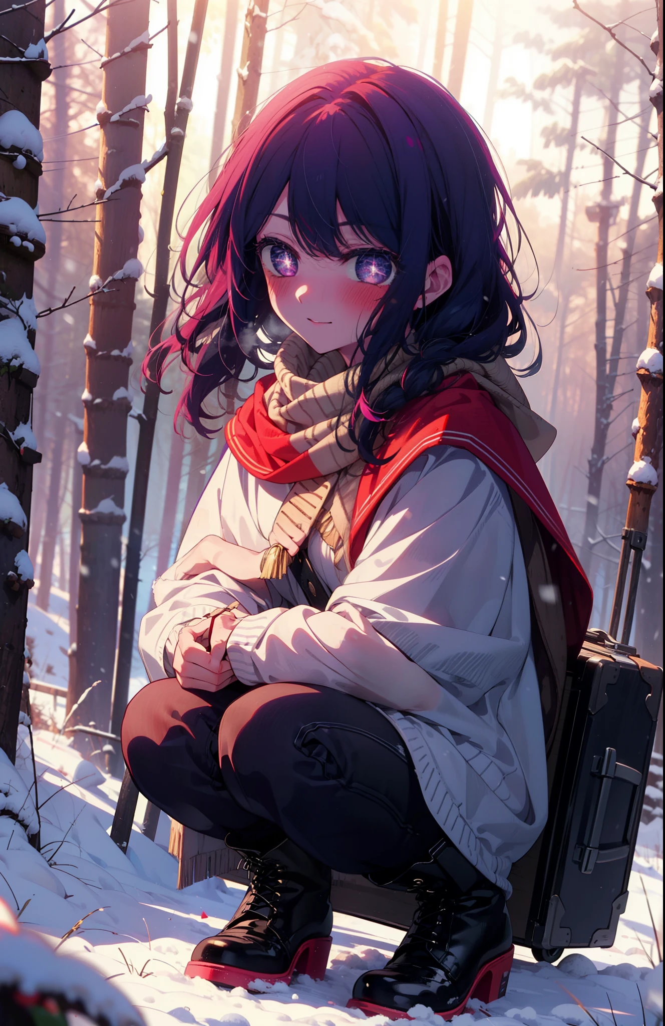 aihoshino, Ai Hoshino, Long Hair, bangs, (Purple eyes:1.1), Purple Hair, (Symbol-shaped pupil:1.5), smile,,smile,blush,white breath,
Open your mouth,snow,Ground bonfire, Outdoor, boots, snowing, From the side, wood, suitcase, Cape, Blurred, , forest, White handbag, nature, Squat, Mouth closed, Cape, winter, Written boundary depth, Black shoes, red Cape break looking at viewer, Upper Body, whole body, break Outdoor, forest, nature, break (masterpiece:1.2), Highest quality, High resolution, unity 8k wallpaper, (shape:0.8), (Beautiful and beautiful eyes:1.6), Highly detailed face, Perfect lighting, Extremely detailed CG, (Perfect hands, Perfect Anatomy),