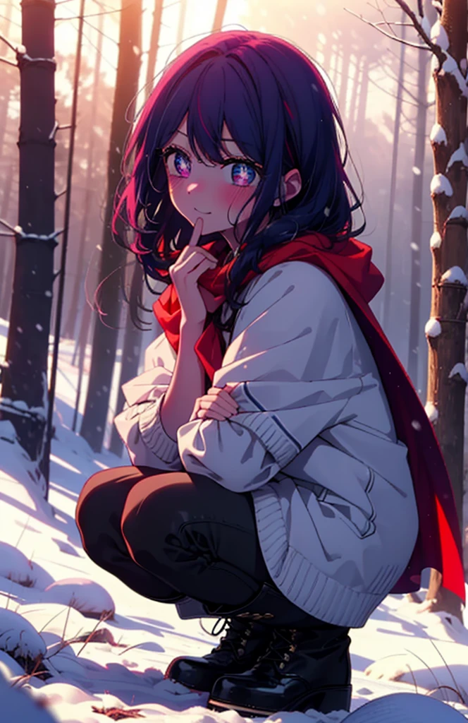 aihoshino, Ai Hoshino, Long Hair, bangs, (Purple eyes:1.1), Purple Hair, (Symbol-shaped pupil:1.5), smile,,smile,blush,white breath,
Open your mouth,snow,Ground bonfire, Outdoor, boots, snowing, From the side, wood, suitcase, Cape, Blurred, , forest, White handbag, nature, Squat, Mouth closed, Cape, winter, Written boundary depth, Black shoes, red Cape break looking at viewer, Upper Body, whole body, break Outdoor, forest, nature, break (masterpiece:1.2), Highest quality, High resolution, unity 8k wallpaper, (shape:0.8), (Beautiful and beautiful eyes:1.6), Highly detailed face, Perfect lighting, Extremely detailed CG, (Perfect hands, Perfect Anatomy),