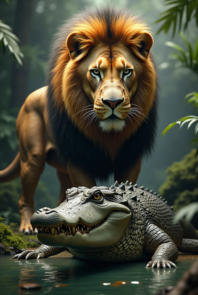 Realistic lion  and crocodile in one frame 