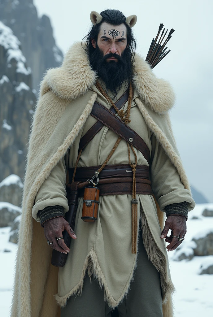 A character from Dungeons and Dragons who is a human ranger, is around 30 years old, slender and with few muscles, dark haired, dense beard and very white skin, between 1,80 and 1,91 meters high, has many tribal tattoos on his face and forehead, dresses in a large polar bear skin, an important detail: the bear's skin still has the animal's head covering the human's head, You can still see the teeth in the bear's mouth. Complete with light clothing to disguise yourself in the snow-white landscape, carries a bow and arrows on his back, has a dagger strapped to his waist. It has a necklace with a pendant in the shape of a bear carved in wood around its neck., rings on his fingers and has a hard, distant look