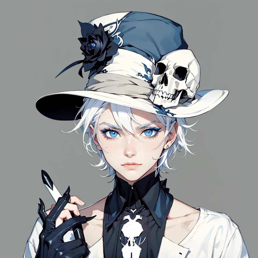 masterpiece: 1.2, best quality), makeup, hat, skull, boy, white hair, blue eyes, 