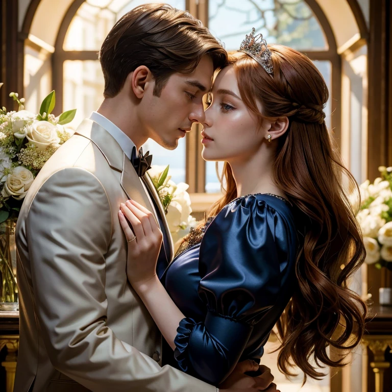 (​masterpiece, best quality:1.5), highest quality, High resolution, super detailed, Realists, Upper body photo of a red-haired flower girl and a boy in a suit, detailed and beautiful eyes, beautiful detailed lips, very detailed eyes and face, longeyelashes, Young girl in a short dark blue dress made of shiny satin fabric, Beautiful and colorful makeup, elegant and noble々Pose,shiny tiara, Holding flowers, Gardens as background, soft daylight, bright colors, fine brushstrokes, Portrait style, Noble details in the dress fabric, beautiful color palette, glowing skin, First-class rendering, that captures every detail, enchanting atmosphere, subtle shadows and lights, (perfect anatomy:1.2), (The stunning flower girl is in love with a boy in a suit. Exchange glances. First kiss. (magnificent panorama view:1.2)