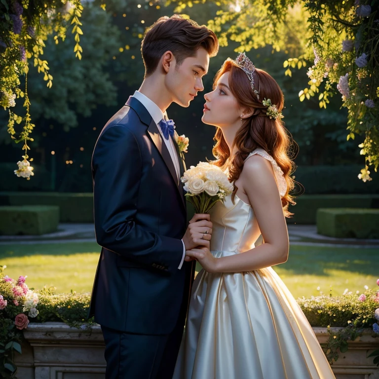 (masterpiece, best quality:1.5), highest quality, High resolution, super detailed, Realists, Upper body photo of a red-haired flower girl and a boy in a suit, detailed and beautiful eyes, beautiful detailed lips, very detailed eyes and face, longeyelashes, Young girl in a short dark blue dress made of shiny satin fabric, Beautiful and colorful makeup, elegant and noble々Pose,shiny tiara, Holding flowers, Gardens as background, soft daylight, bright colors, fine brushstrokes, Portrait style, Noble details in the dress fabric, beautiful color palette, glowing skin, First-class rendering, that captures every detail, enchanting atmosphere, subtle shadows and lights, (perfect anatomy:1.2), (The stunning flower girl is in love with a boy in a suit. Exchange glances. First kiss. (magnificent panorama view:1.2)