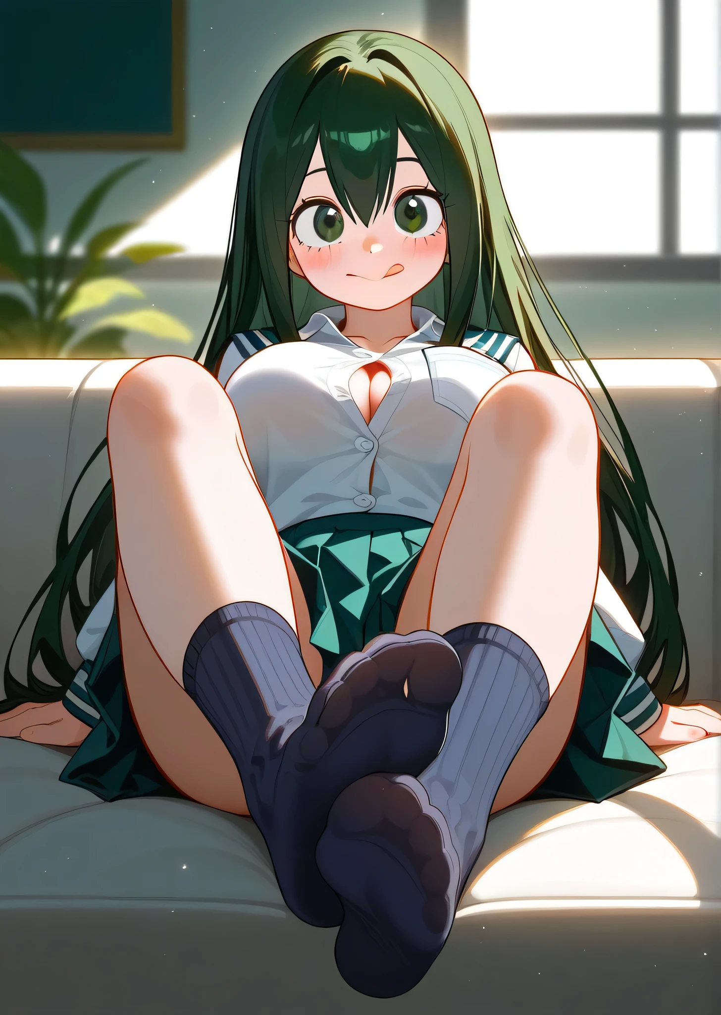 [asui_tsuyu], [Boku no hero academia], ((masterpiece)), ((high res)), ((solo portrait)), ((front view)), ((full body)), ((foot focus)), ((HD)), ((detailed shading)), ((intricate details)), {(attractive figure), (cute round green eyes), (long dark green hair), (short eyelashes), (beak-shaped lips), (large breasts), (curvy hips), (beautiful legs), (cute soft feet), (blank expression), (blushing), (sticking tongue out)}, {(school uniform), (white button-up shirt), (blue ruffled skirt), (black crew socks)}, {(sitting on couch), (looking at viewer)}, [ambient lighting, living room room, window, sun rays]