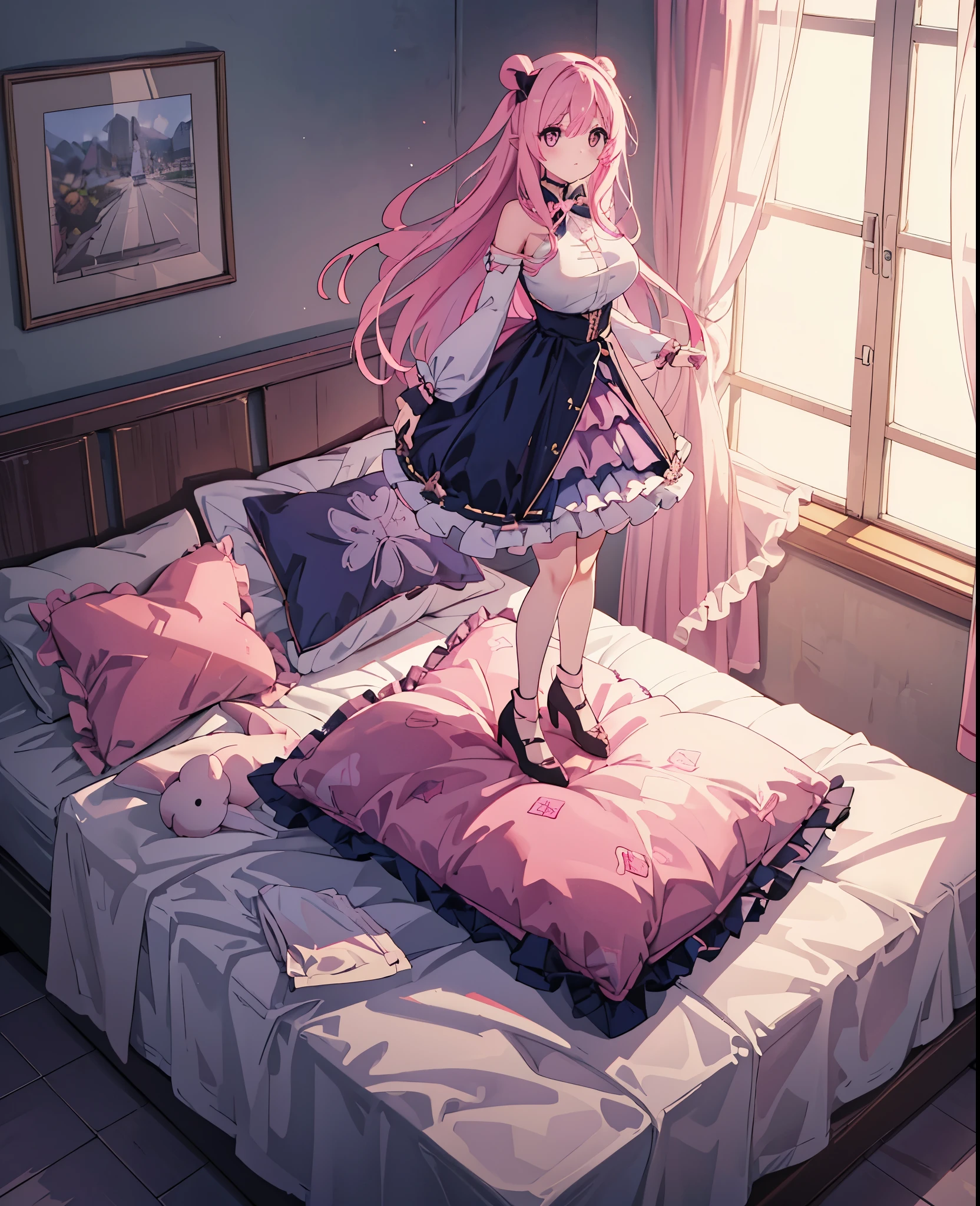 （best quality， masterpiece），full body, 1 girl, solo, mine ,nsfw, details, (Light and shadow oxtail , Cute girl posing on pillow ，standing on pillow，，（pillow), large pillow, (((colorful))), color correction, pink hair, frilled pillow,pink pillow, 