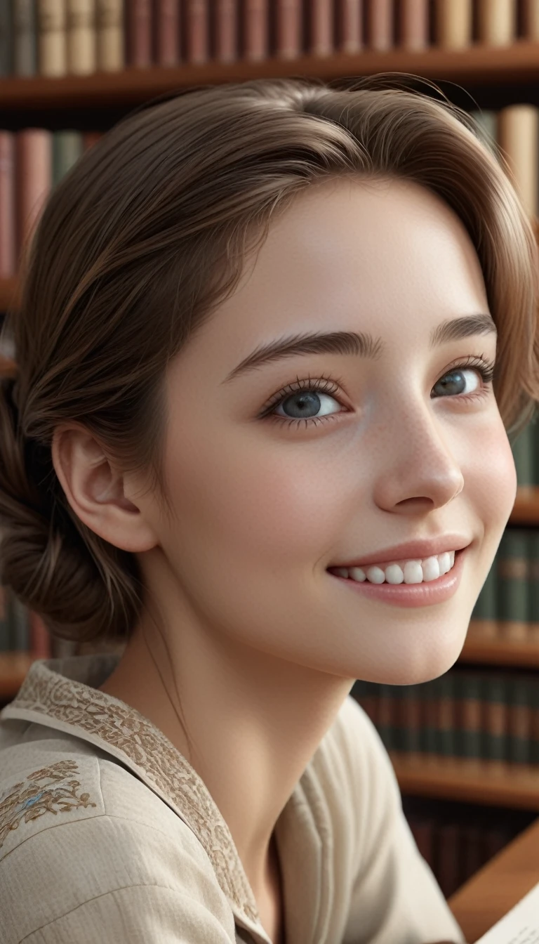 High Quality, High Resolution, Best Composition, Photorealistic, One Woman, Student, Historic Library, Studying, Sitting at Table, Looking Forward and Smiling, Young Beautiful Woman, Stunning Beauty, Perfect Proportion, Short Hair, Very Detailed Eyes, Very Detailed Eyebrows, Very Detailed Skin, Very Detailed Mouth, Very Detailed Nose, Fine Hair, Detailed and Realistic Skin Texture. highly detailed mouth, highly detailed nose, fine hair, detailed and realistic skin texture.
