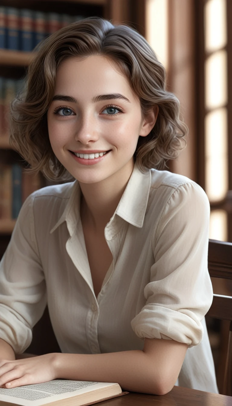 High Quality, High Resolution, Best Composition, Photorealistic, One Woman, Student, Historic Library, Studying, Sitting at Table, Looking Forward and Smiling, Young Beautiful Woman, Stunning Beauty, Perfect Proportion, Short Hair, Very Detailed Eyes, Very Detailed Eyebrows, Very Detailed Skin, Very Detailed Mouth, Very Detailed Nose, Fine Hair, Detailed and Realistic Skin Texture. highly detailed mouth, highly detailed nose, fine hair, detailed and realistic skin texture.